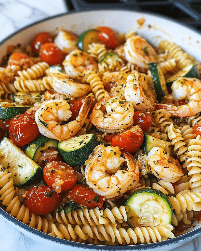 Ingredients for Shrimp Tomato Zucchini Pasta, including shrimp, zucchini, tomatoes, and pasta.