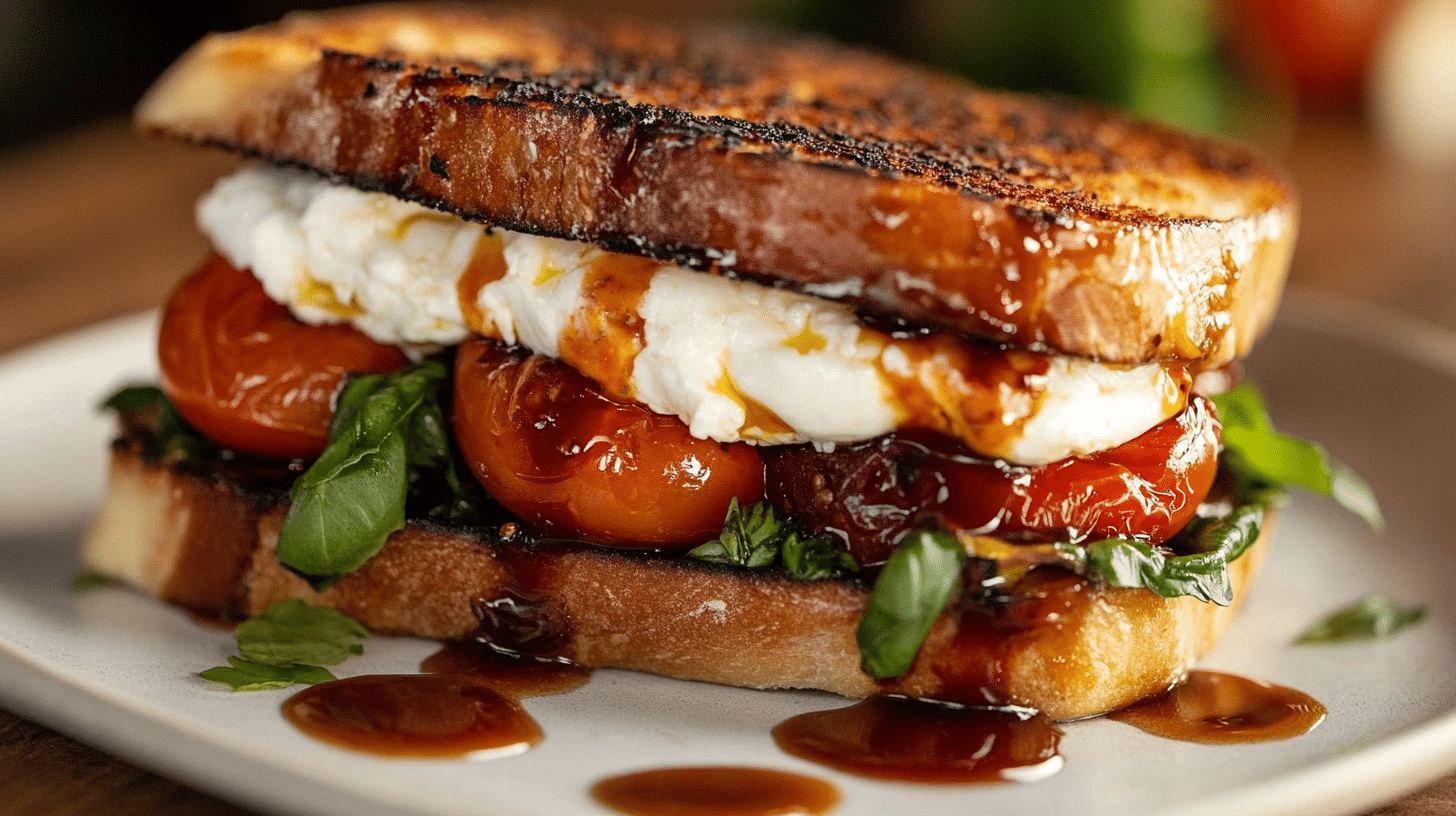 A delicious Burrata Caprese Sandwich with cherry tomato confit, cut in half to show the layers.