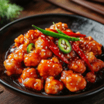 A bowl of Hot Orange Chicken with rice, ready to be enjoyed.