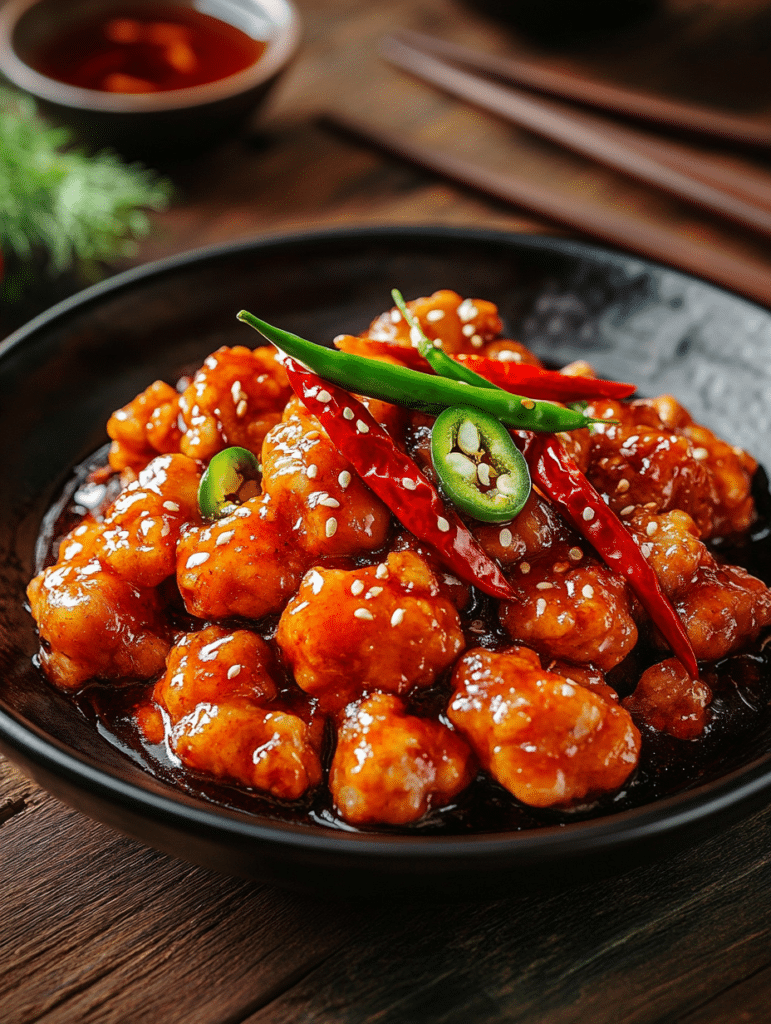 A bowl of Hot Orange Chicken with rice, ready to be enjoyed.