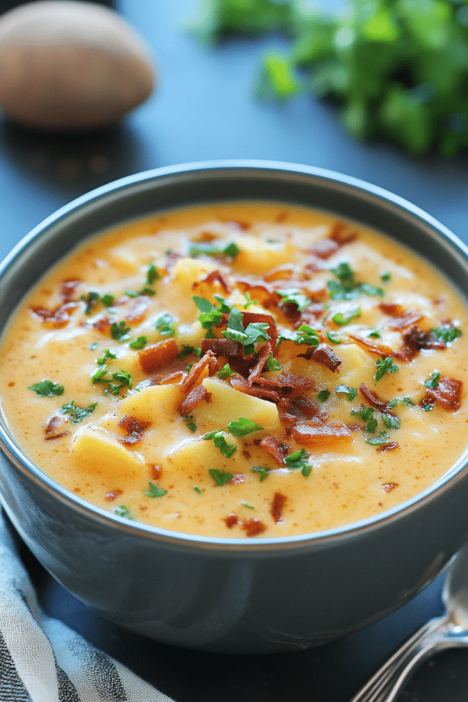 Ingredients for Loaded Baked Potato Soup, including potatoes, bacon, cheese, and broth.
