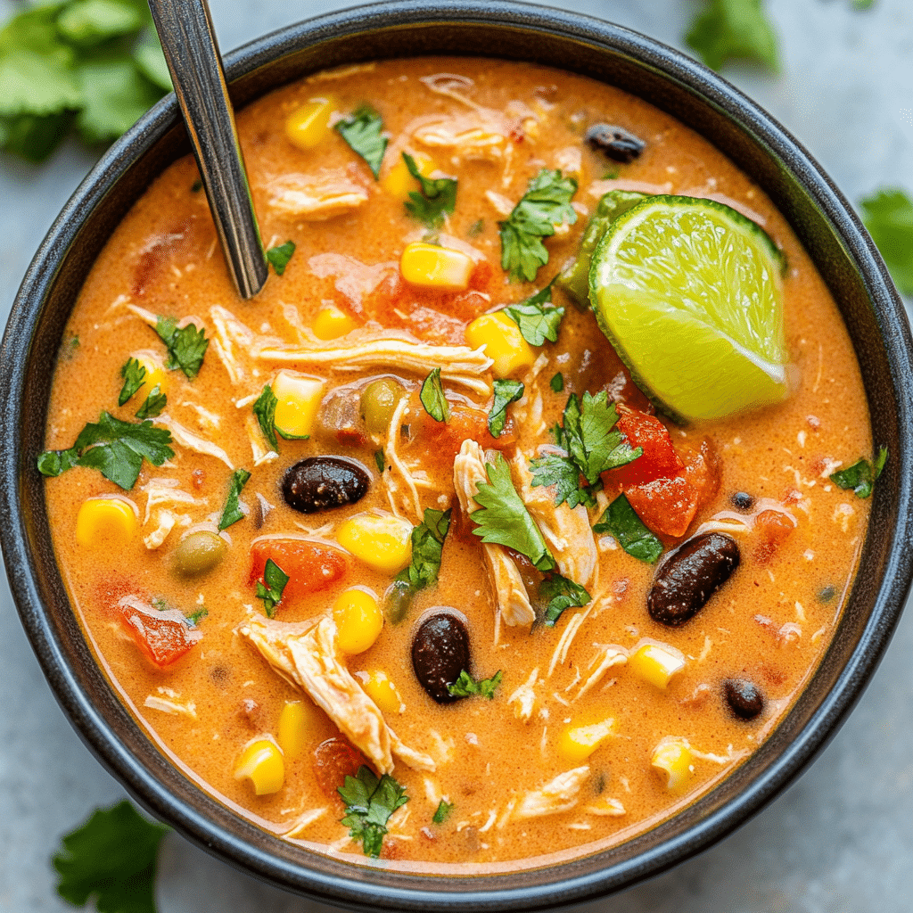 Creamy Chicken Enchilada Soup served in bowls with various toppings.