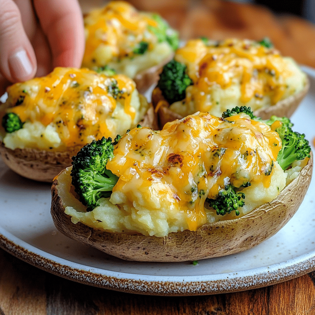 A Twice-Baked Potato with Broccoli and Cheddar on a plate, ready to eat.