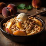 Ingredients for Easy Peach Crisp, including peaches, flour, sugar, oats, and butter.