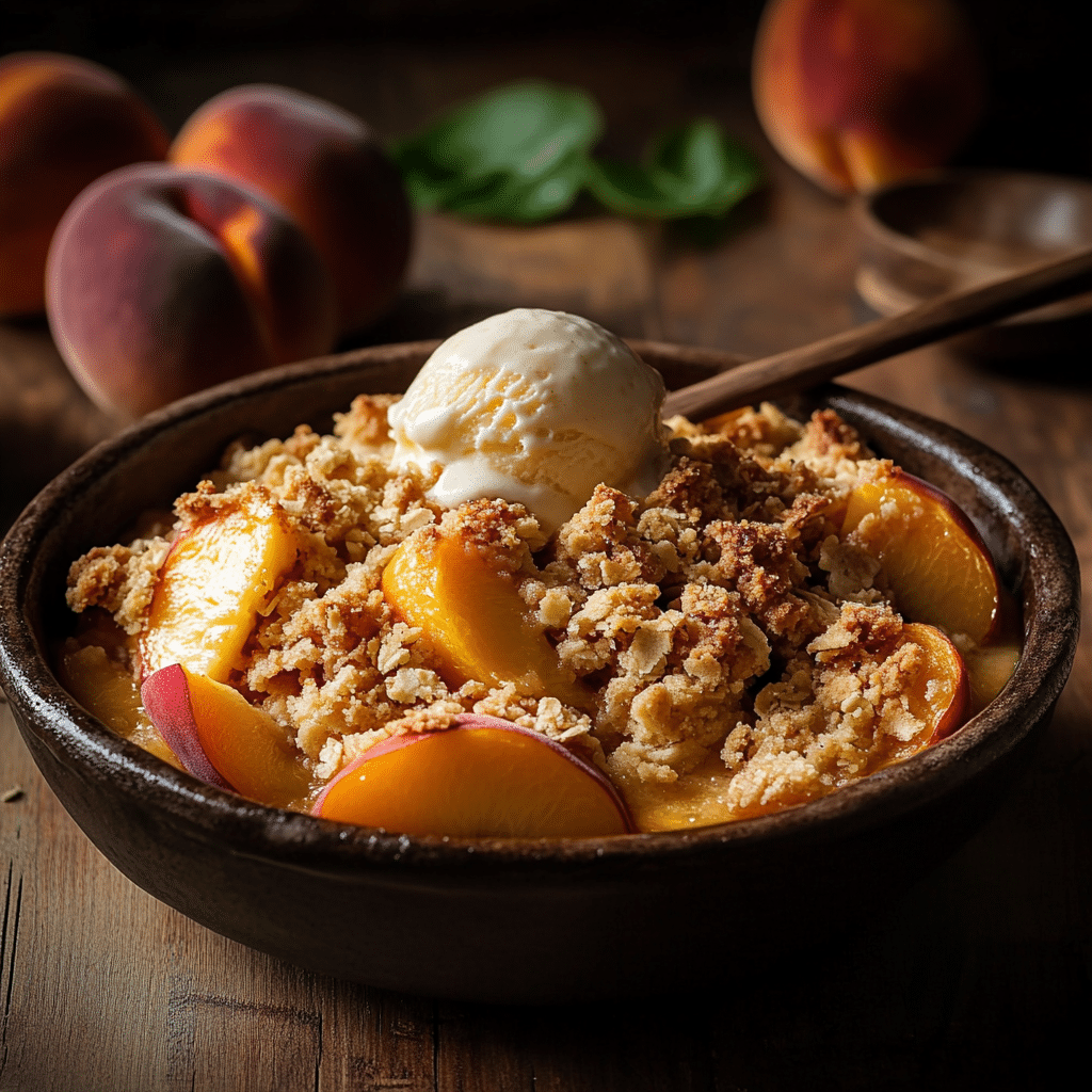 Ingredients for Easy Peach Crisp, including peaches, flour, sugar, oats, and butter.