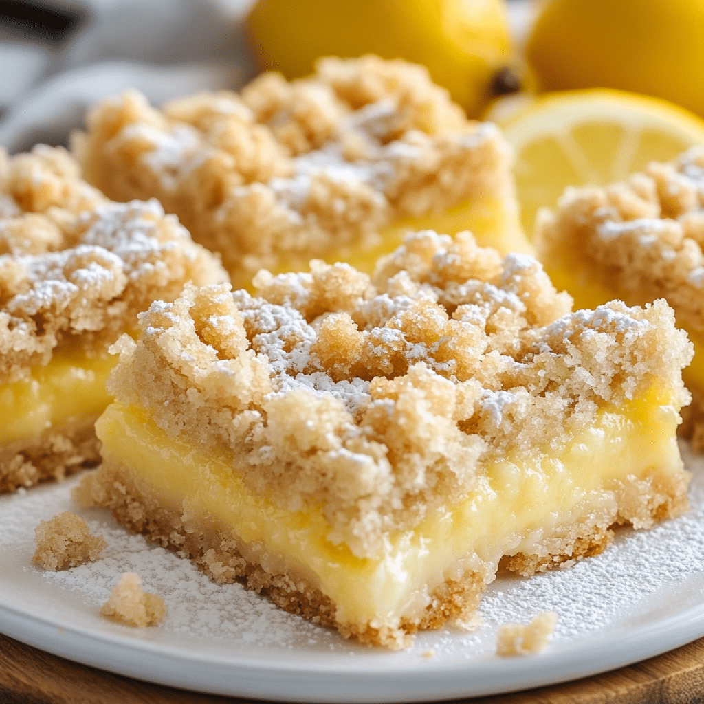 A close-up of a Lemon Crumb Bar, showing the layers of crust, filling, and topping.