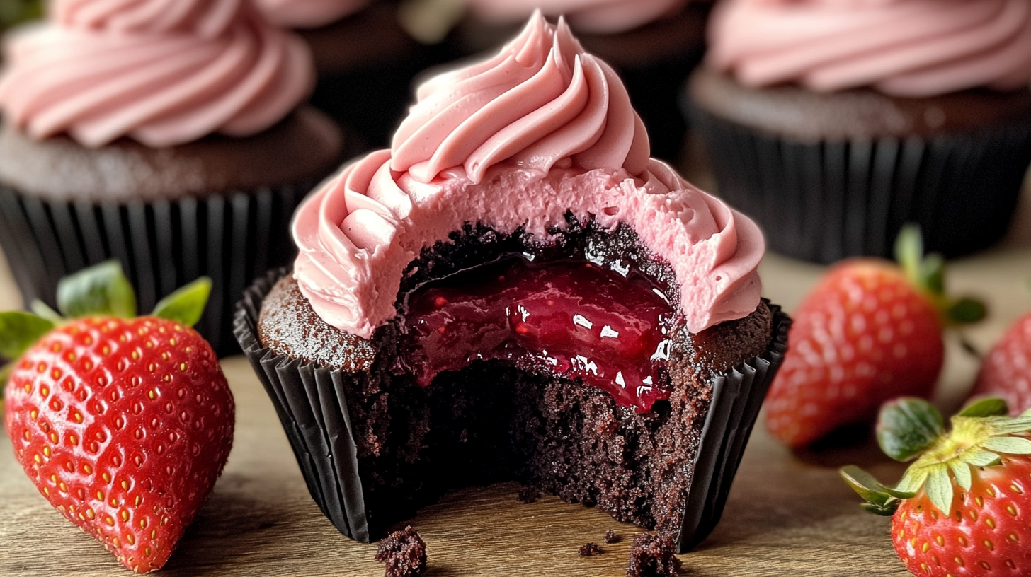 Beautifully frosted Chocolate Strawberry Cupcakes with a strawberry garnish.