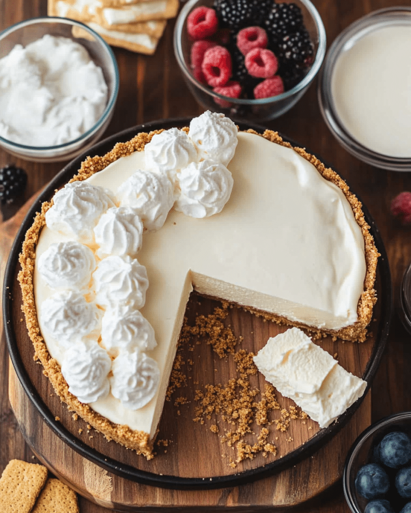 Ingredients for No Bake Cheesecake, including graham crackers, cream cheese, sugar, and Cool Whip.