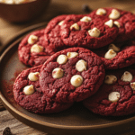 A close-up of a Red Velvet Bisquick Cookie, showing its soft texture and white chocolate chips.