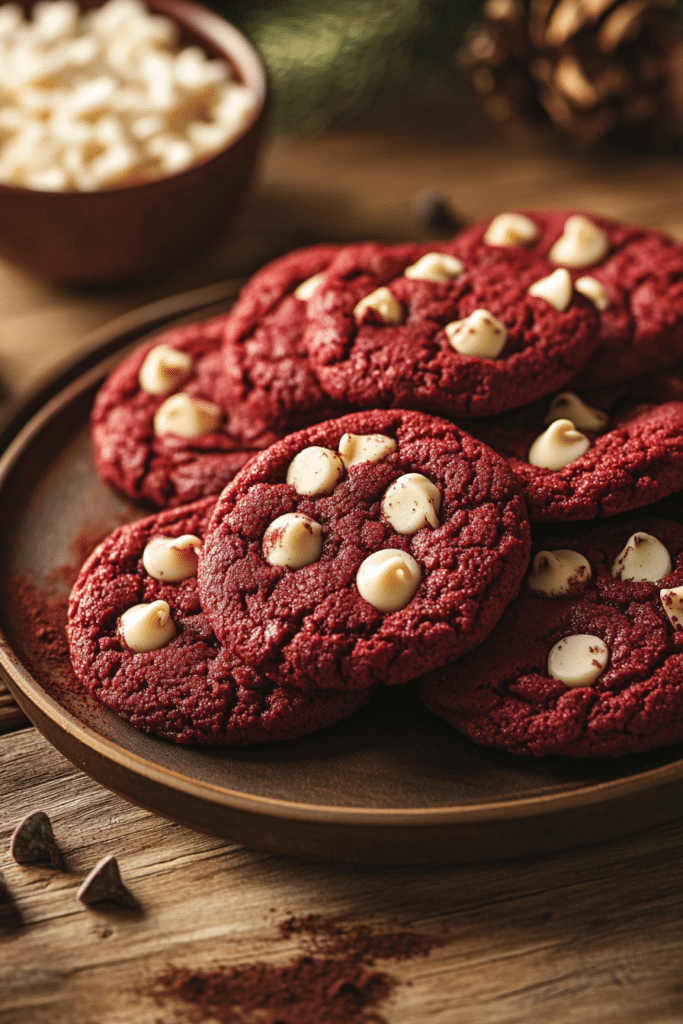 A close-up of a Red Velvet Bisquick Cookie, showing its soft texture and white chocolate chips.