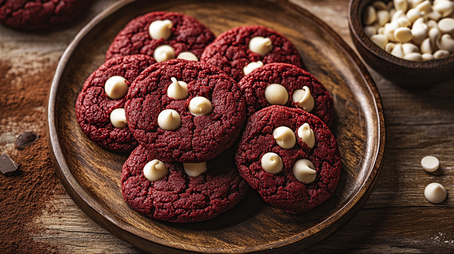 A plate of chewy Red Velvet Bisquick Cookies with white chocolate chips.
