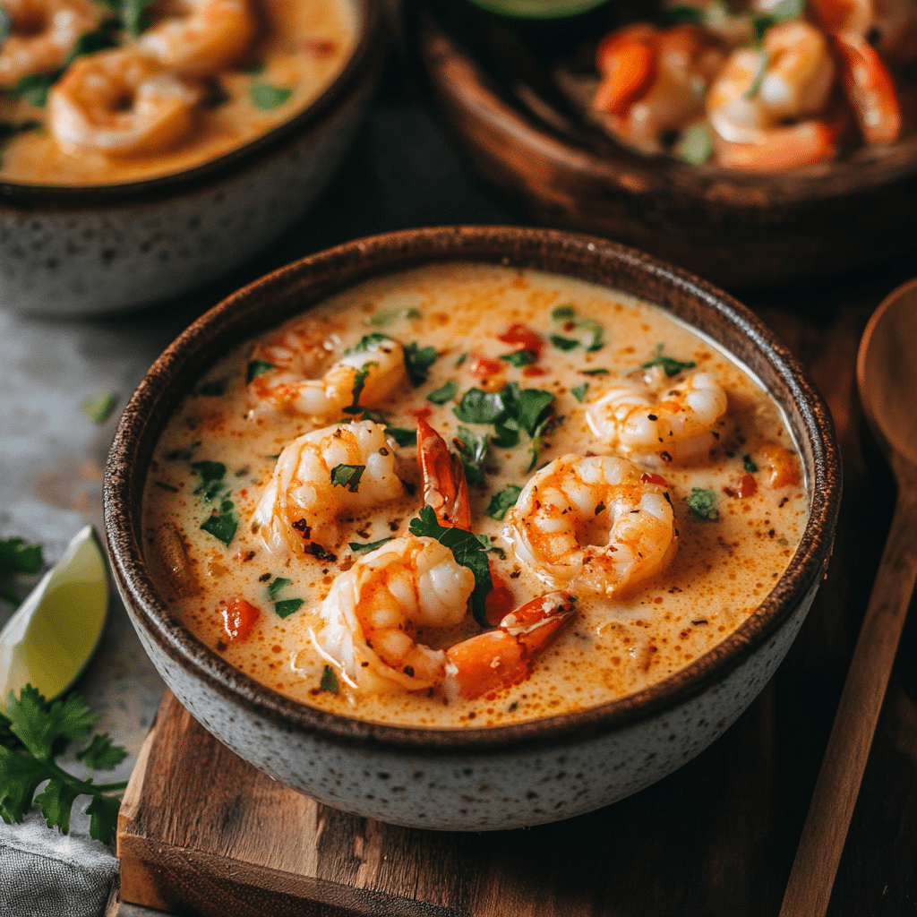 Thai Shrimp Soup served in a bowl with rice noodles and fresh herbs.