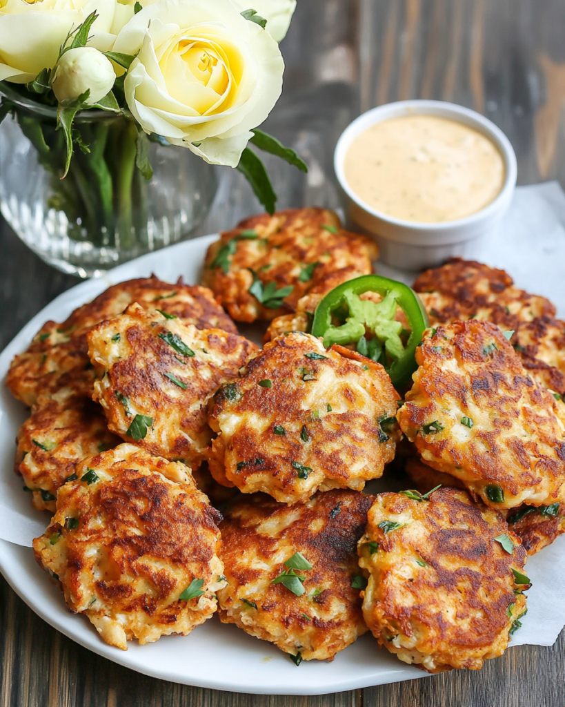 Cheesy Chicken Fritters served with a side of dipping sauce.