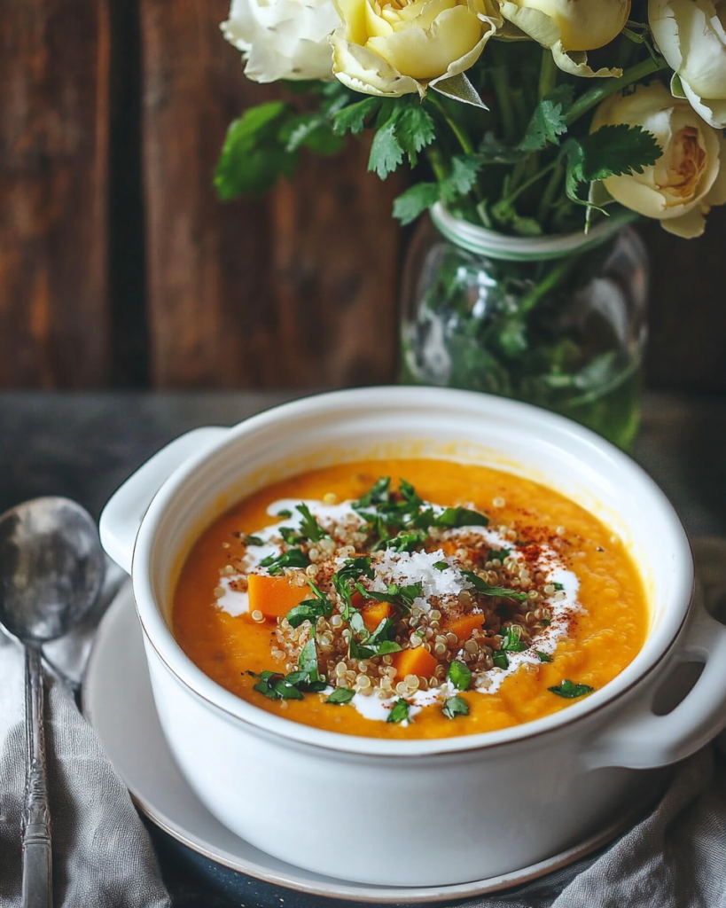 Blending the cooked sweet potatoes and vegetables with an immersion blender for Sweet Potato Coconut Soup.