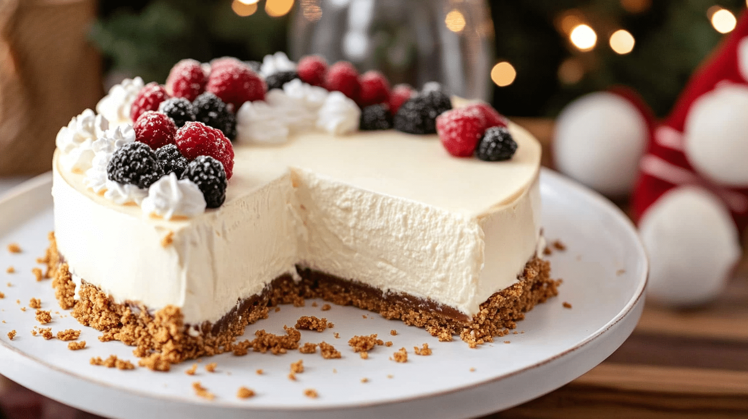 A slice of creamy No Bake Cheesecake on a plate, possibly topped with fruit.