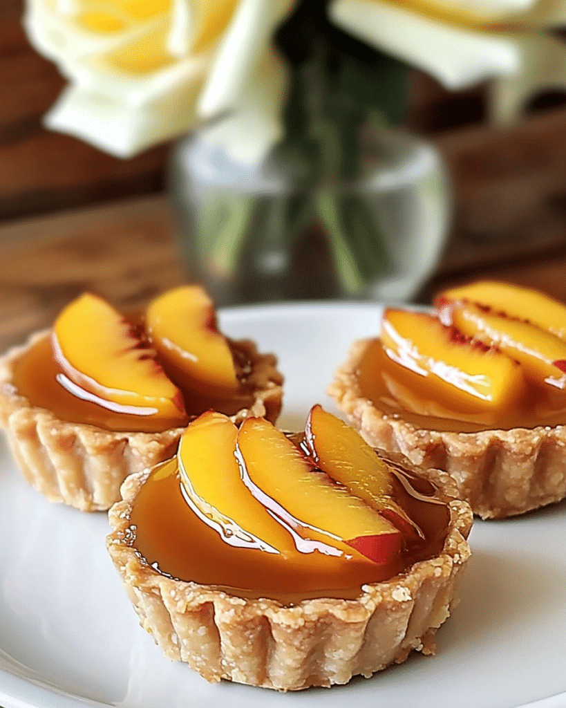 Arranging peach slices in the shortbread crusts for Mini Brown Butter Peach Tarts.