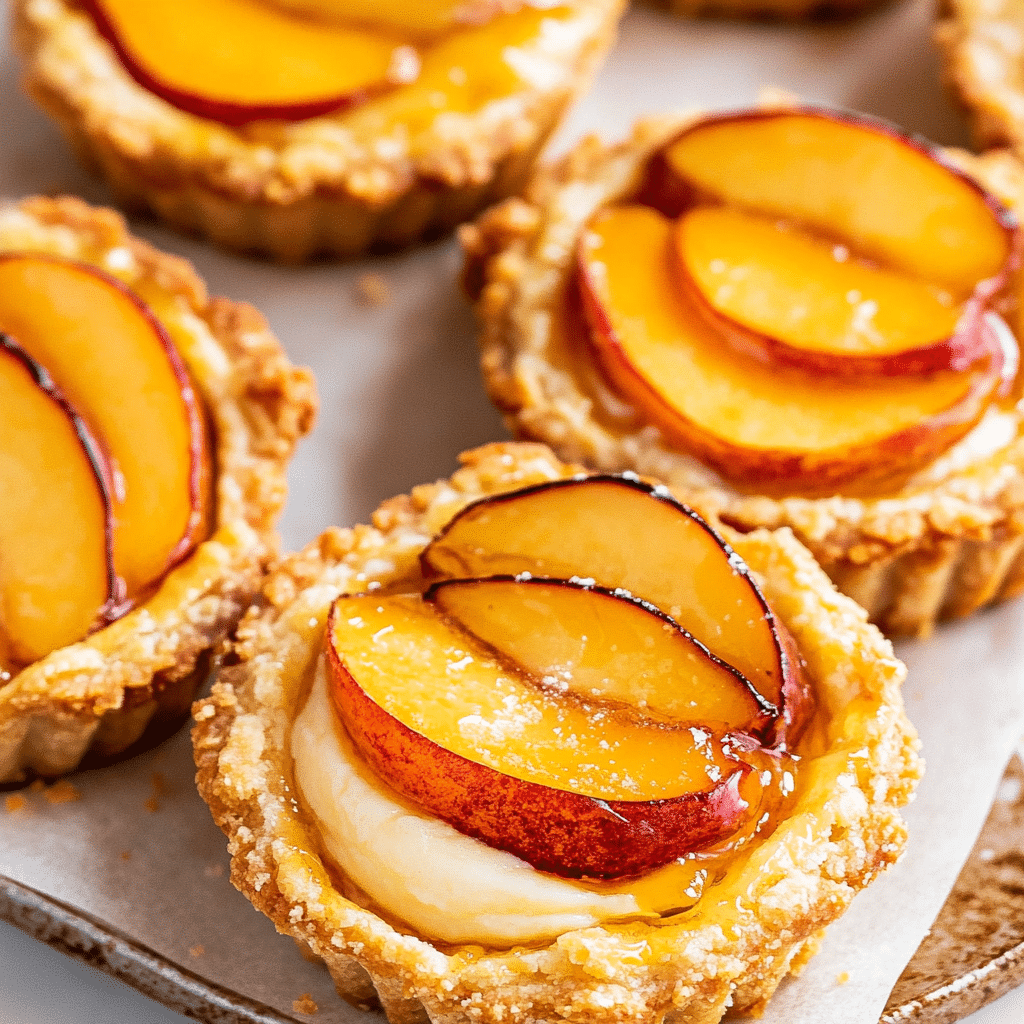 A close-up of a Mini Brown Butter Peach Tart, showing the flaky crust and peach filling.