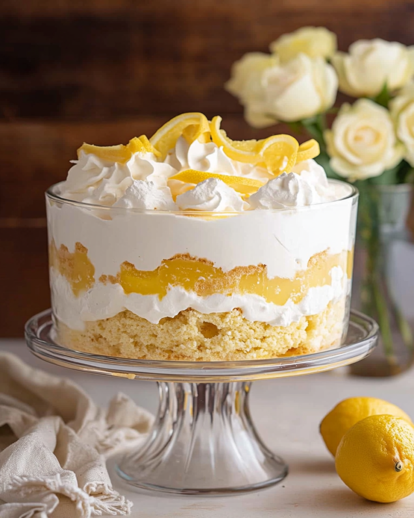 Layering the lemon cake cubes and lemon cream filling for the Easy Lemon Trifle.