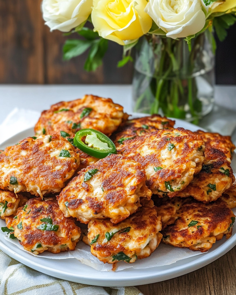 Frying the Cheesy Chicken Fritters in a skillet.