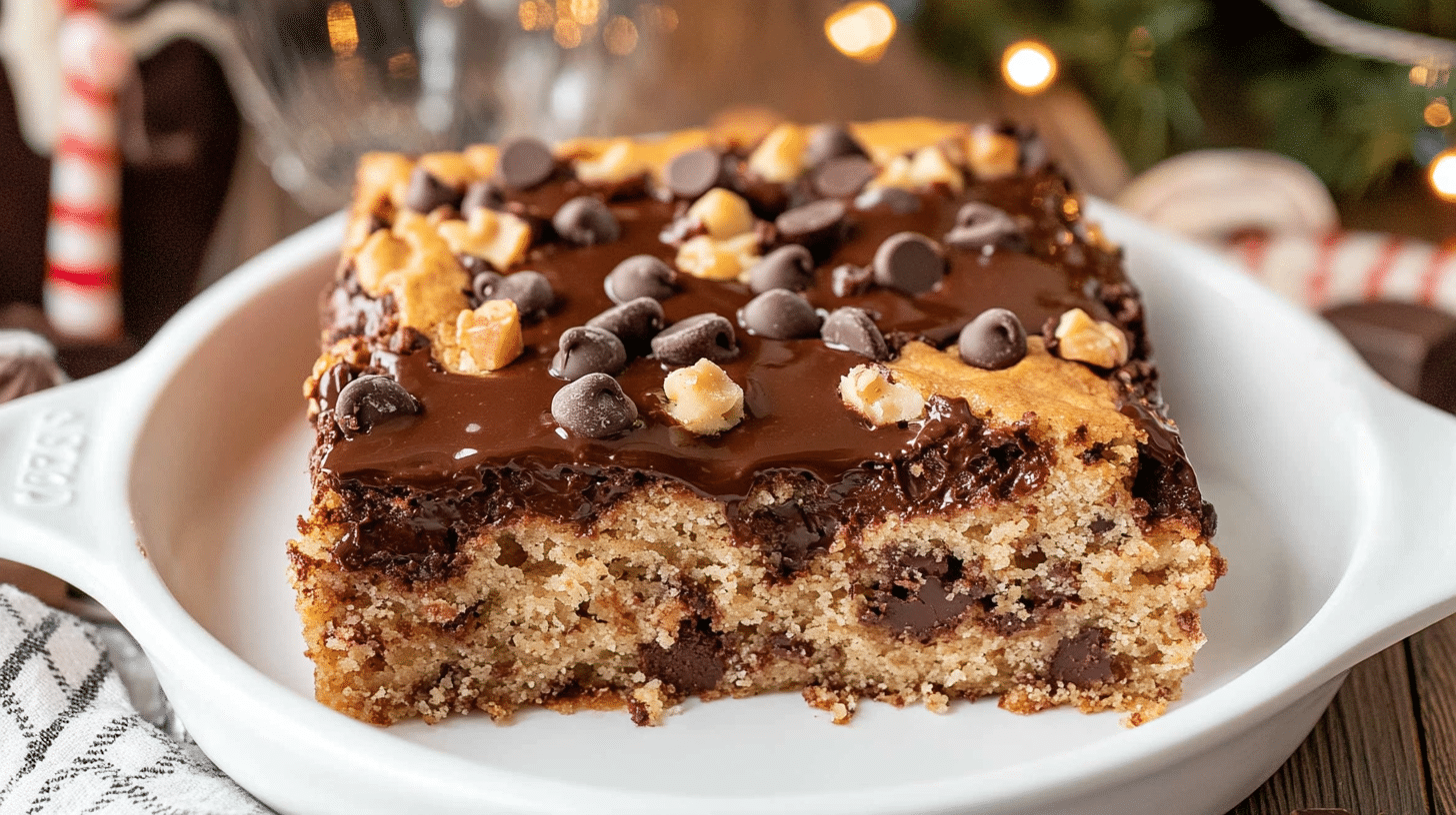 A square slice of Chocolate Chip Snack Cake with chocolate frosting and nuts on top.