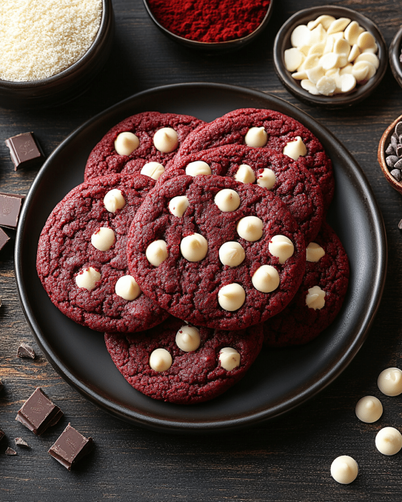 Ingredients for Red Velvet Bisquick Cookies, including Bisquick mix, cocoa powder, brown sugar, butter, and white chocolate chips.