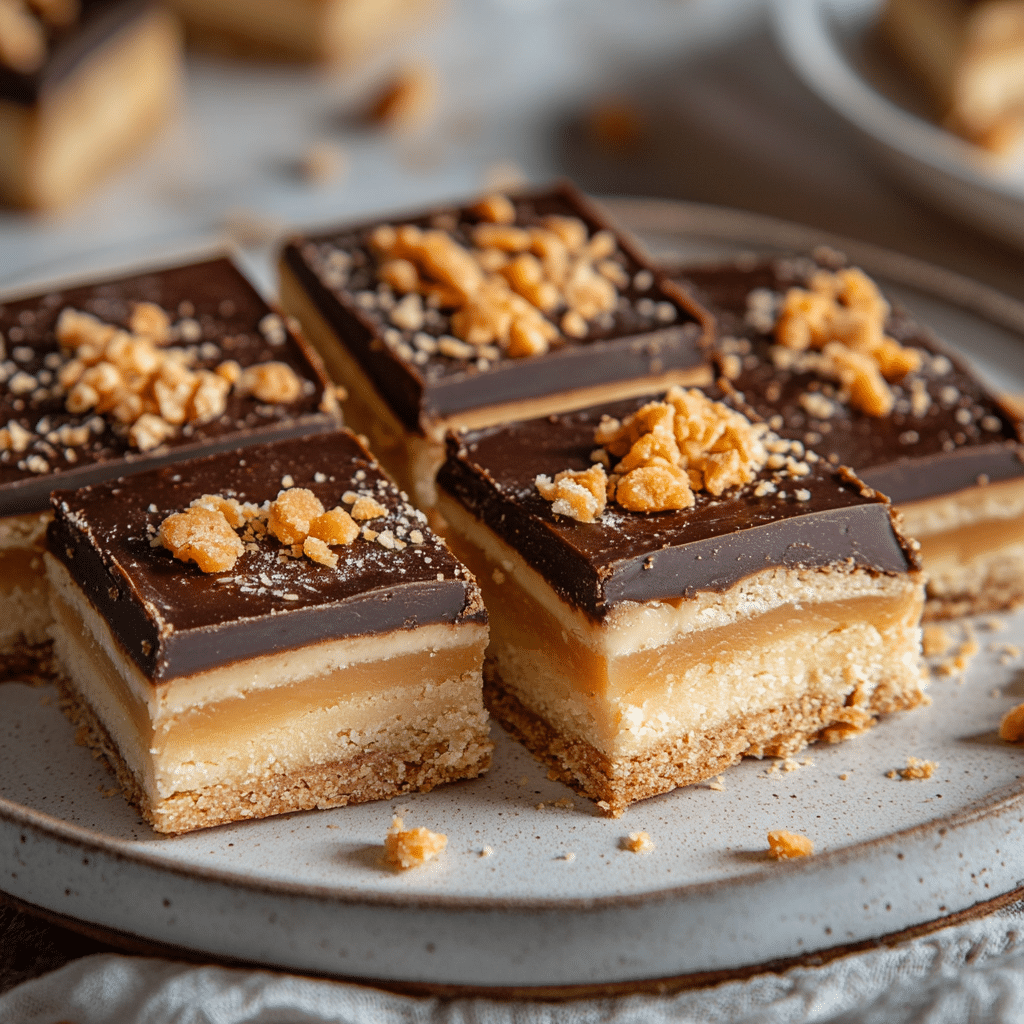 A close-up of a Caramel Millionaire Bar, sprinkled with flaky sea salt.