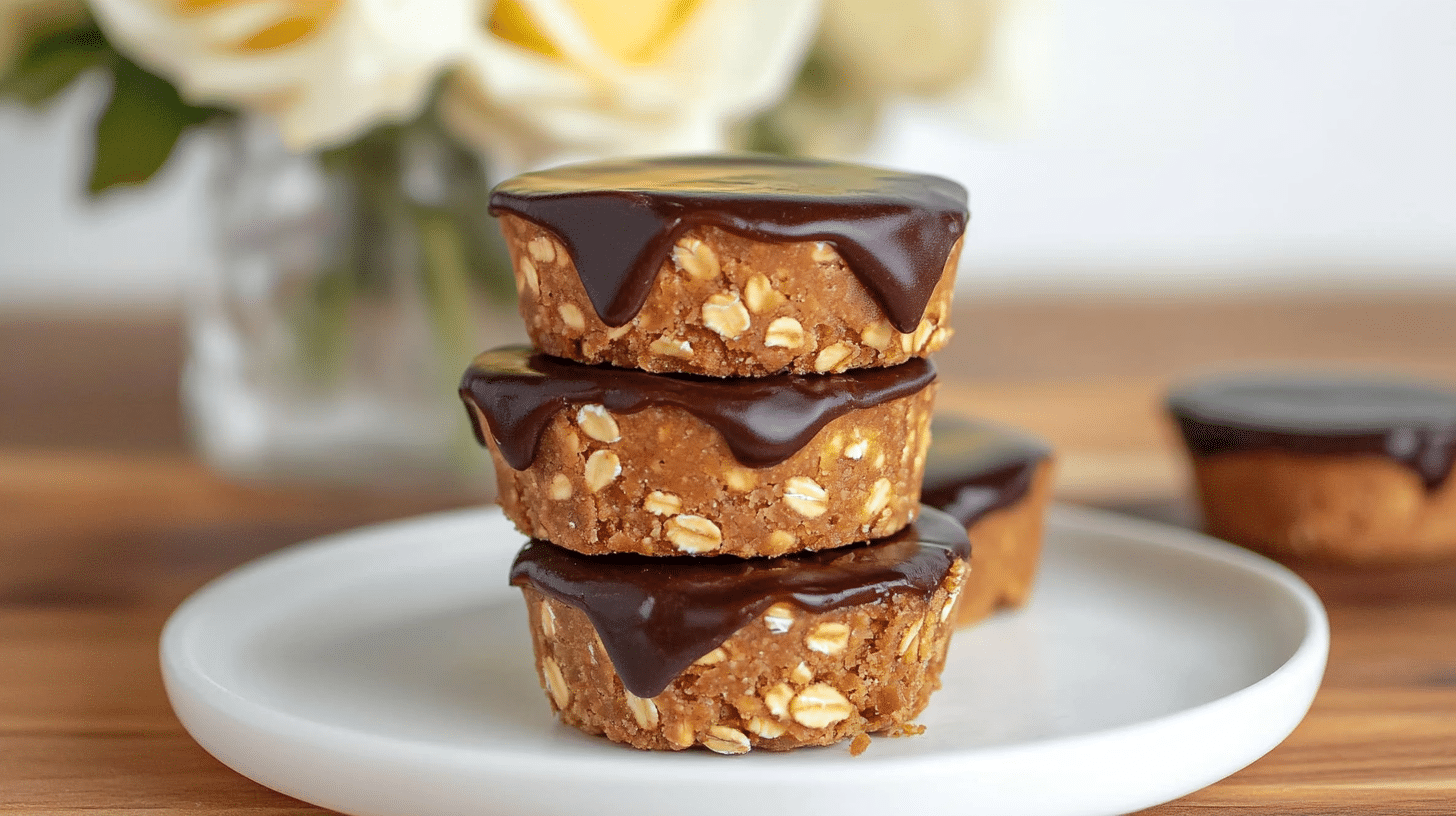 A collection of No Bake Peanut Butter Oat Cups showing the chocolate topping.