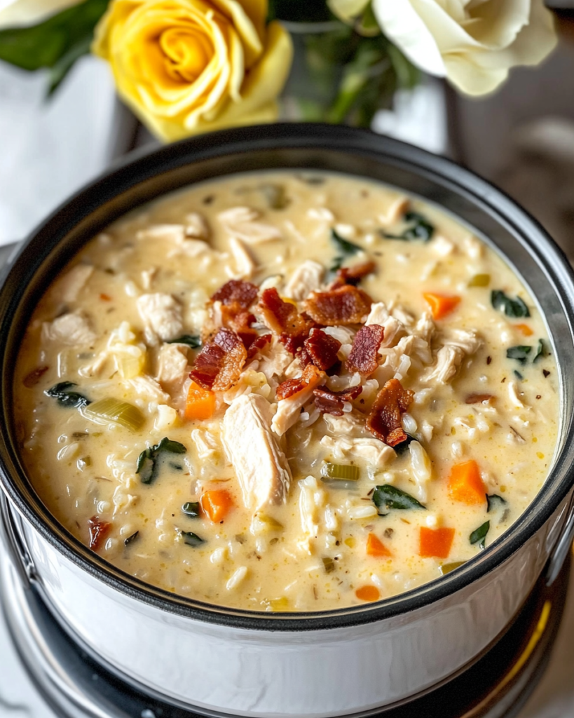 Adding ingredients into the Instant Pot for Creamy Chicken and Rice Soup.