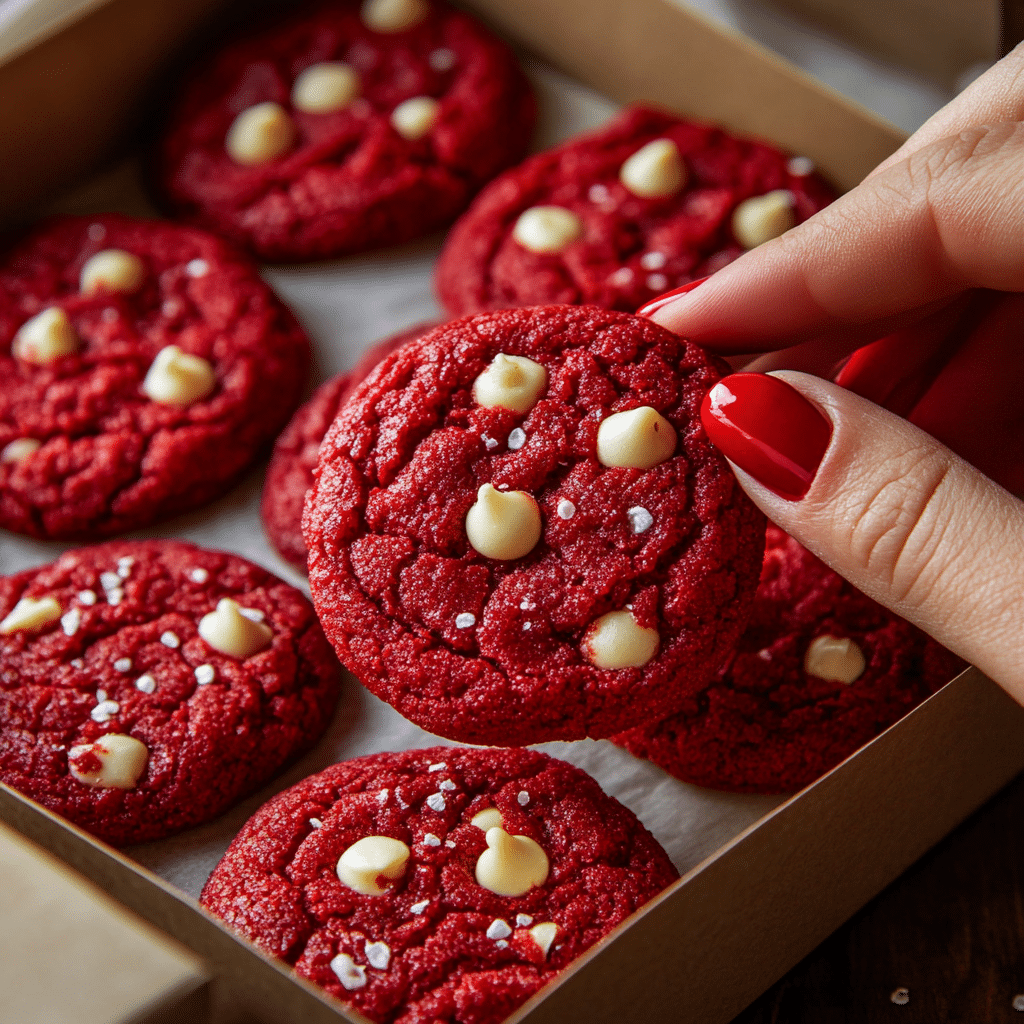 Scooping the dough for Red Velvet Bisquick Cookies onto a baking sheet.