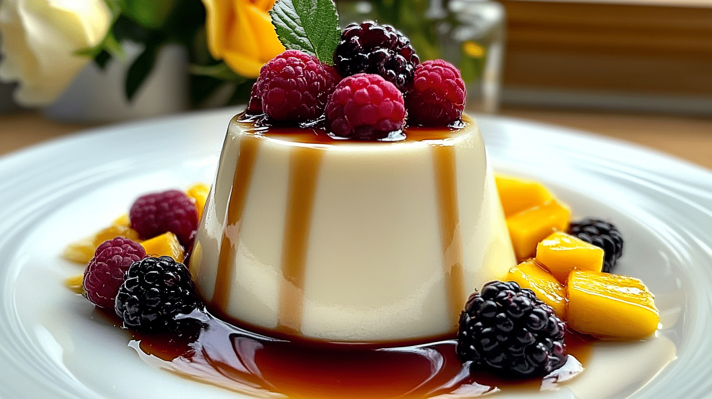 An elegant serving of Classic Vanilla Panna Cotta, possibly garnished with berries.
