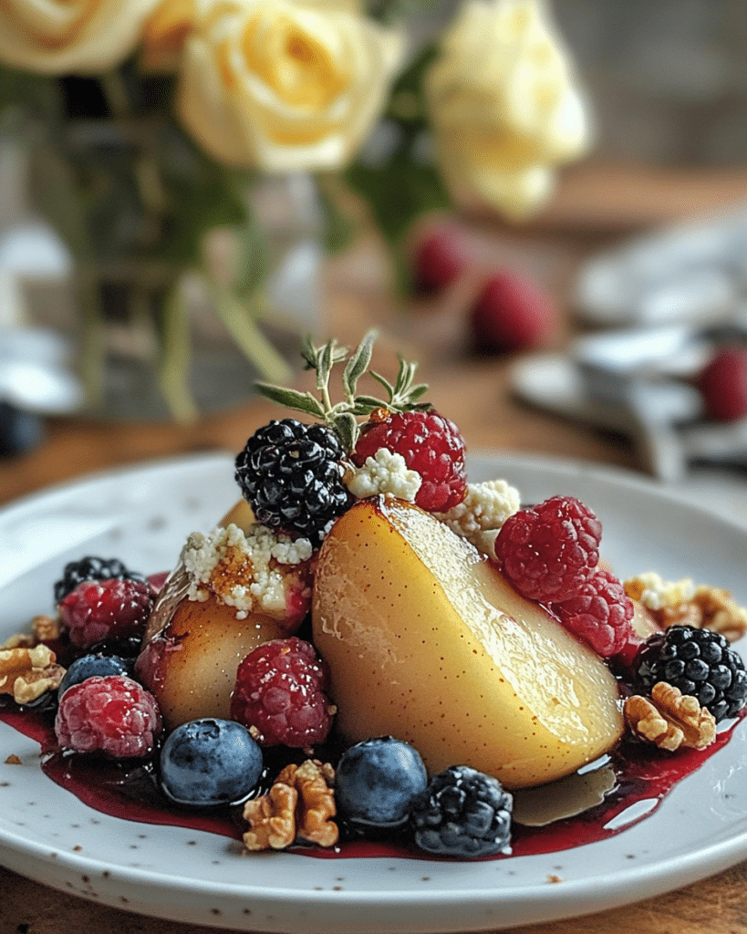 Arranging the baked pear halves and topping them with blue cheese and berries for Baked Pears with Blue Cheese.
