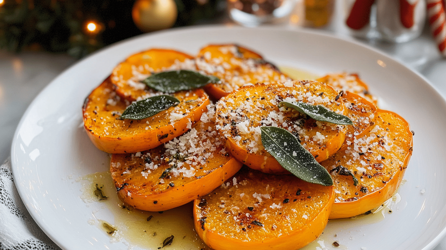 Golden-brown rounds of Roasted Butternut Squash with Parmesan and herbs on a baking sheet.