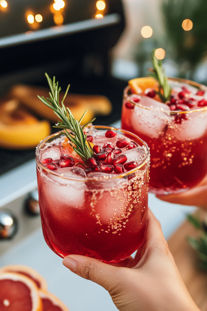 Several glasses of Merry Christmas Mocktail ready for a holiday party.