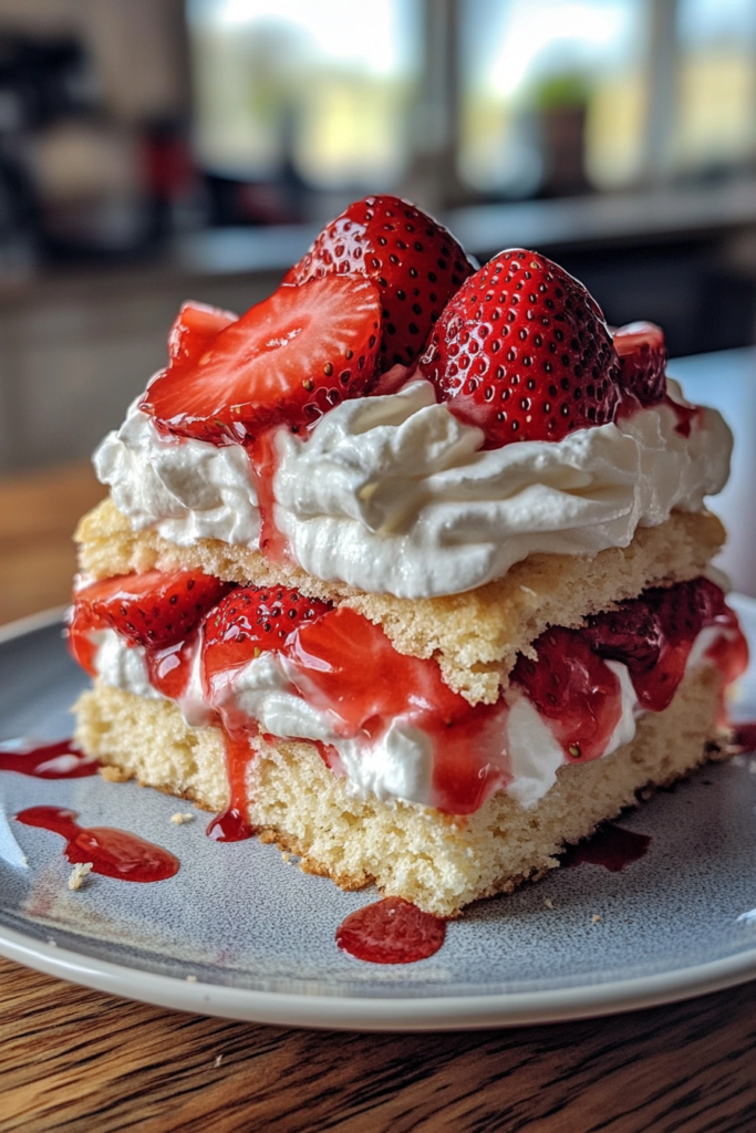 Ingredients for Strawberry Shortcake, including fresh strawberries, flour, sugar, shortening, and milk.