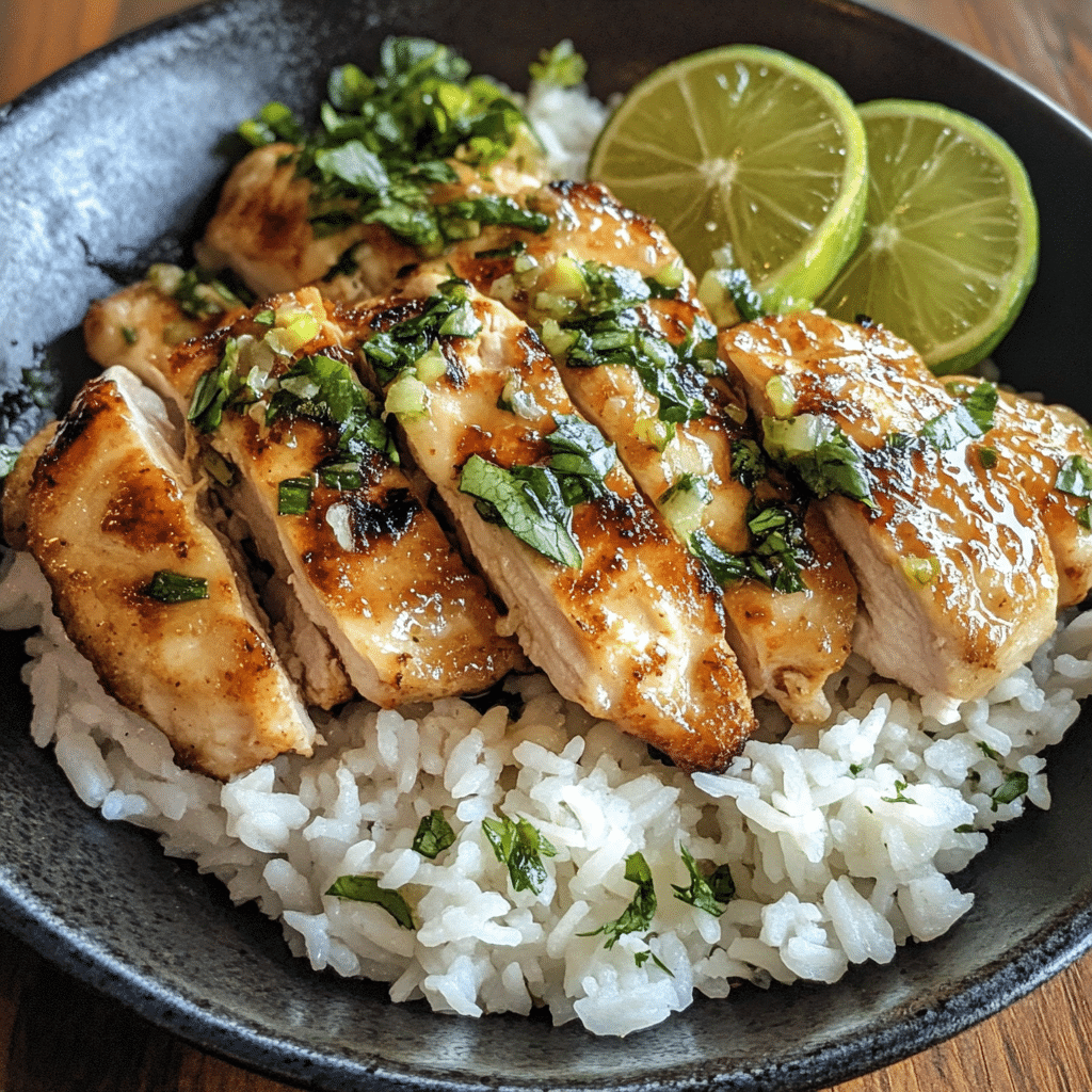 A close-up of the Coconut Lime Chicken and Rice, showing the juicy chicken and fluffy rice.