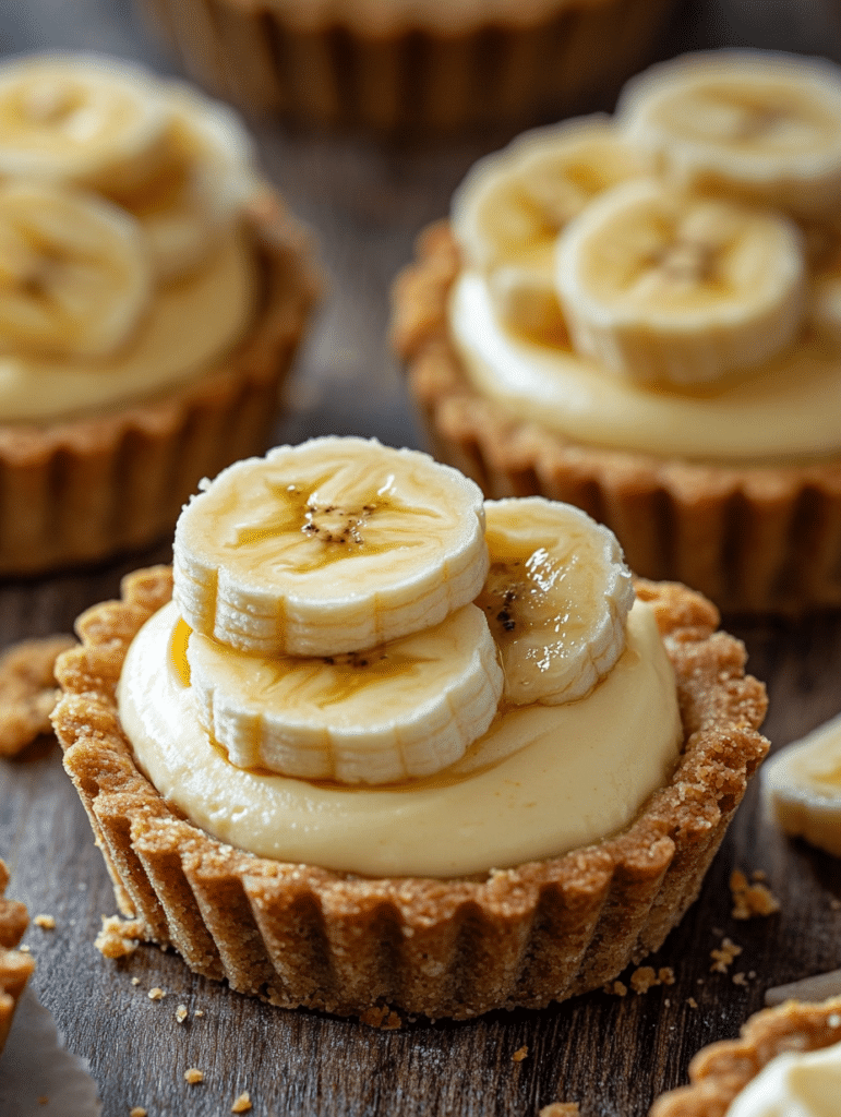  Ingredients for No-Bake Mini Banana Cream Pies, including graham crackers, banana pudding, cream cheese, bananas, and cream.