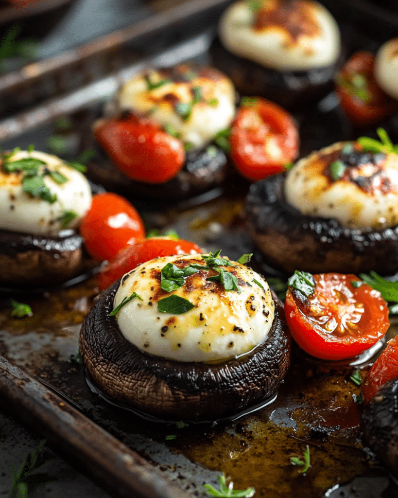 Filling the portobello mushroom caps with mozzarella and tomatoes for Caprese Stuffed Portobello Mushrooms.