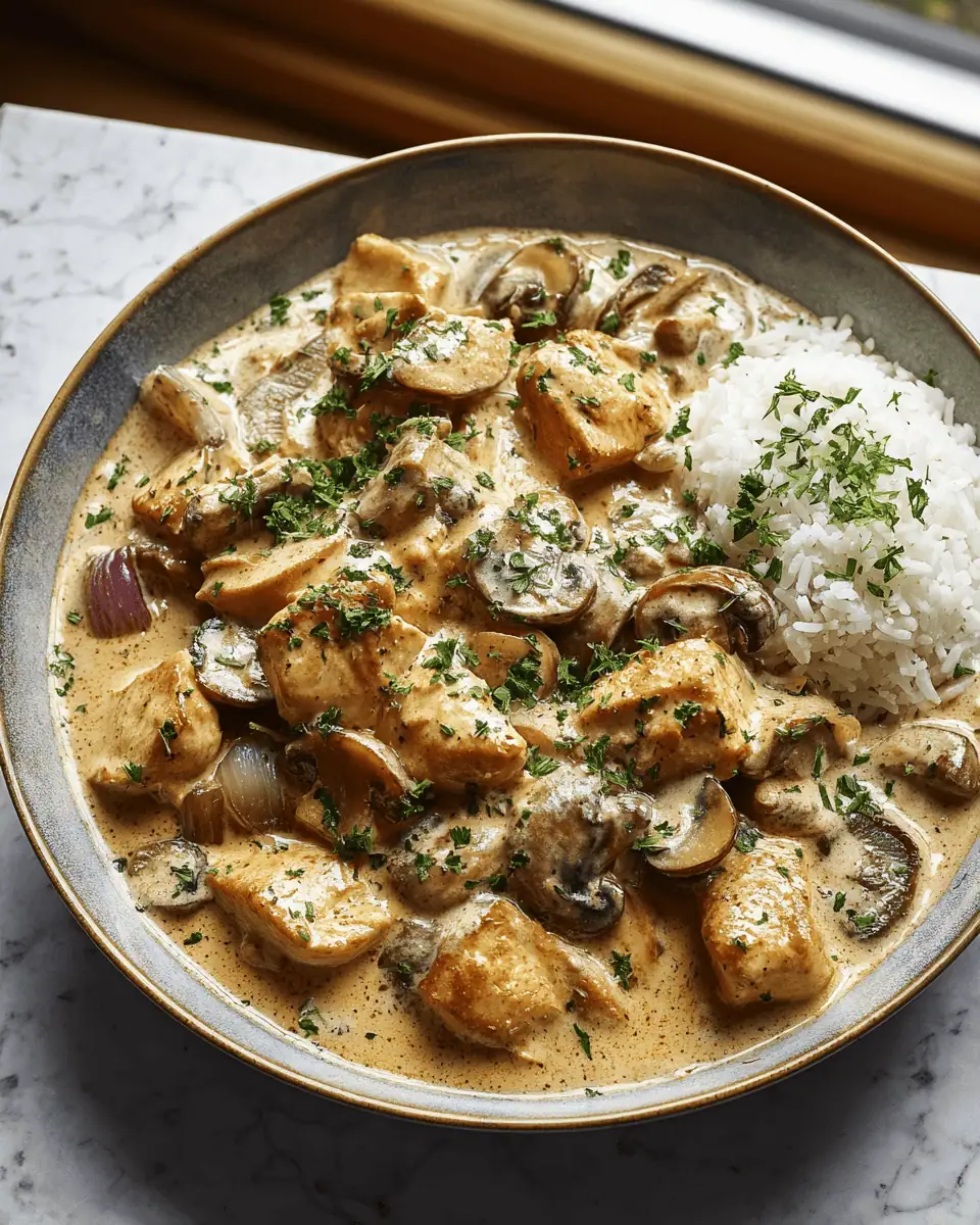 A serving of chicken stroganoff over mashed potatoes on a white plate with a fork.
