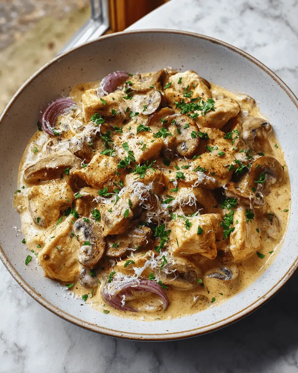 Mary Berry Chicken Stroganoff – Creamy, Quick Recipe 2 A close-up shot of the creamy stroganoff sauce with tender chicken pieces and mushrooms.