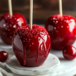 A person holding or biting into a classic Candy Apple.