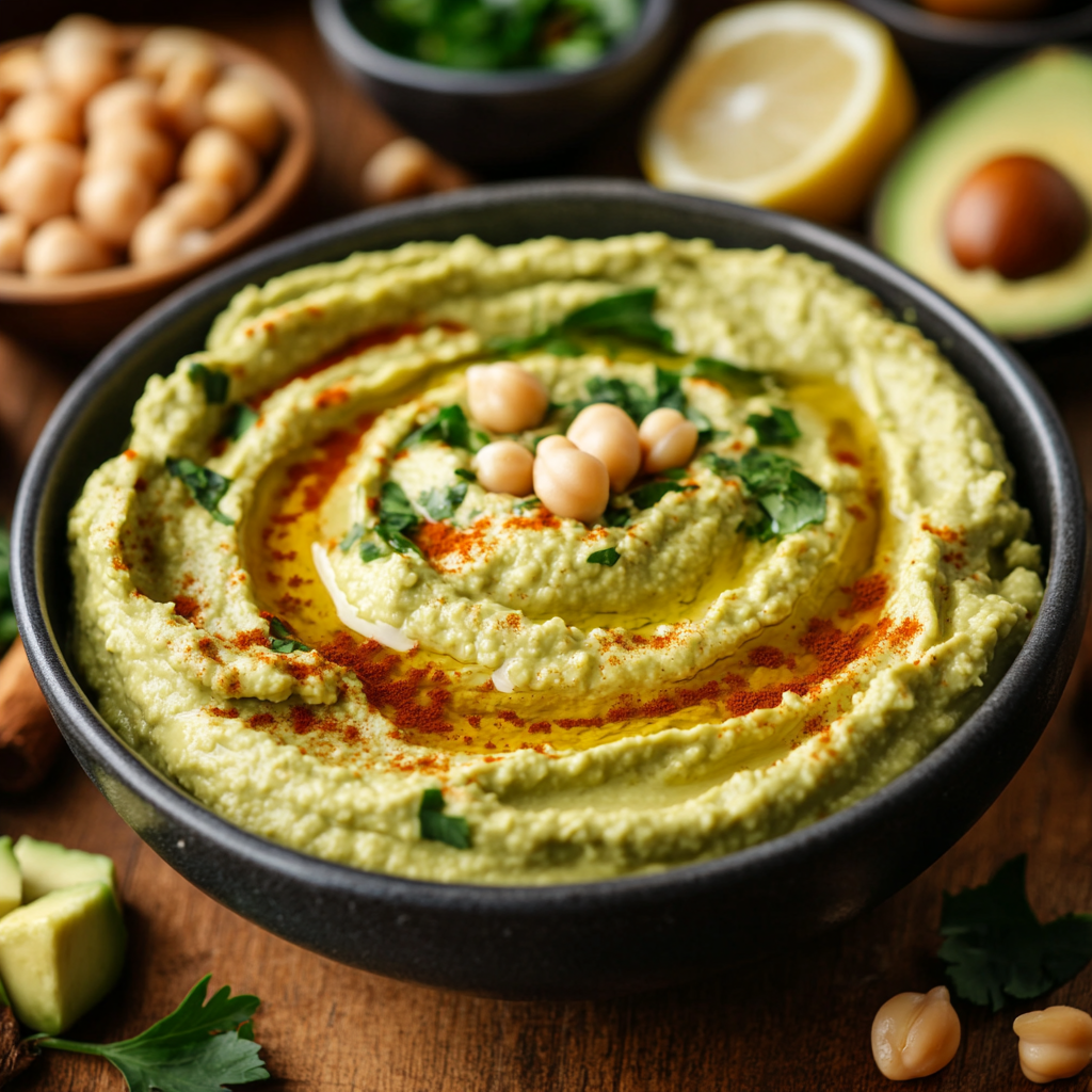 Roasted Chickpea Avocado Dip served in a bowl with pita bread or vegetable sticks for dipping.
