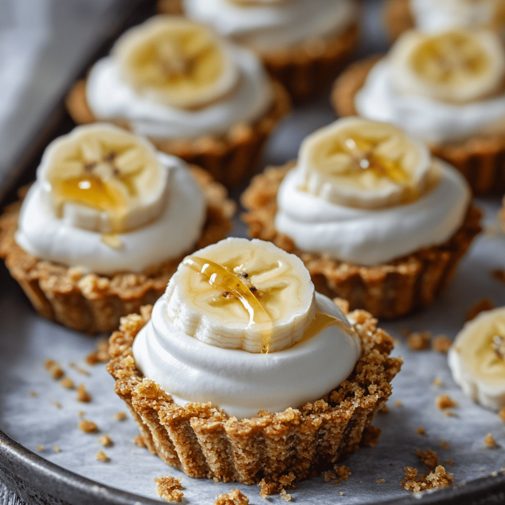 Filling the graham cracker crusts with banana cream filling for No-Bake Mini Banana Cream Pies.
