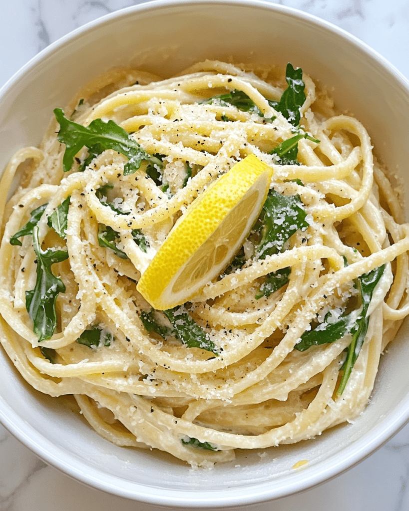 Ingredients for Easy One-Pot Lemon Garlic Parmesan Pasta, including pasta, lemon, garlic, Parmesan, and broth.