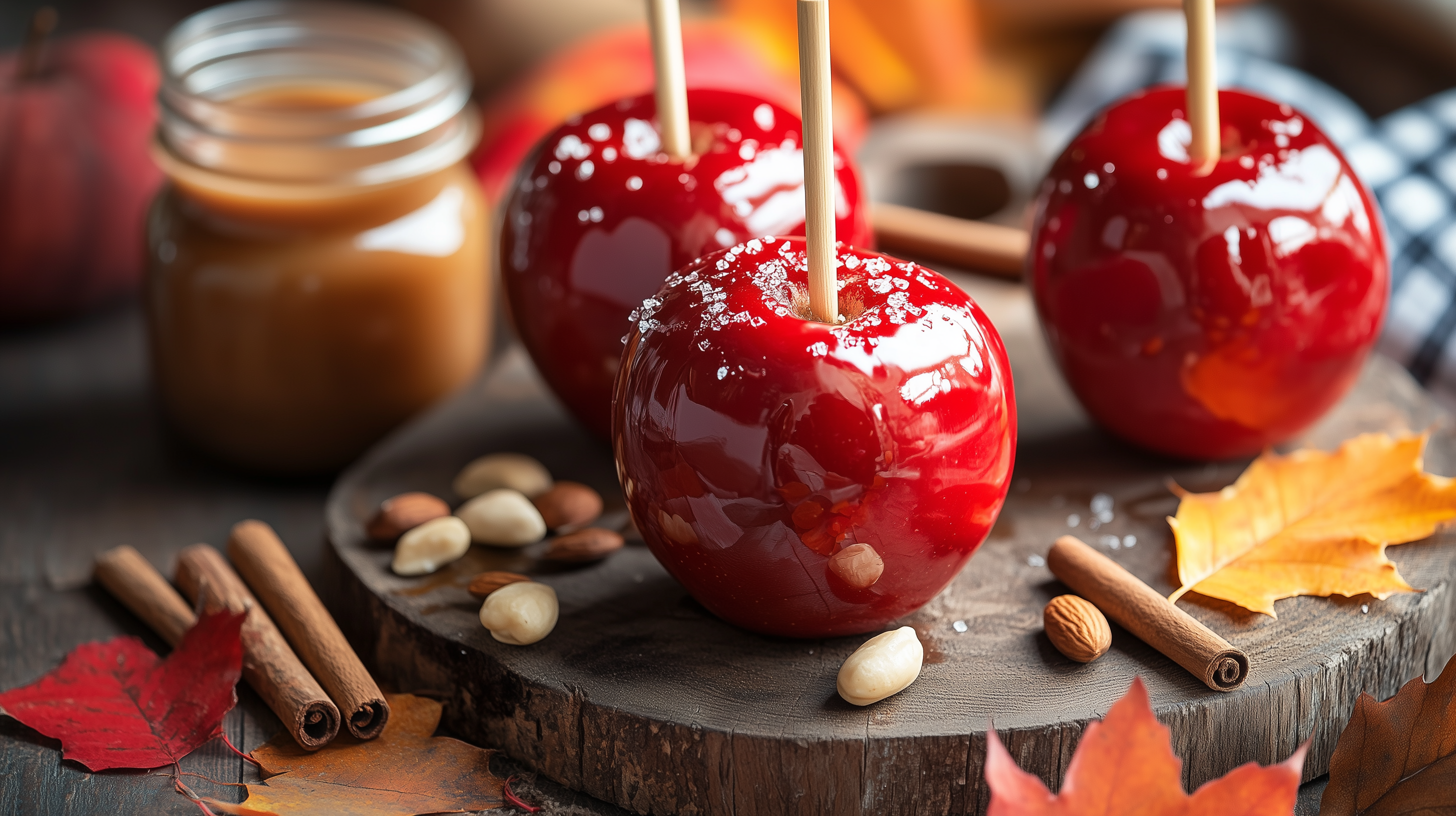 Shiny red Candy Apples on sticks, arranged on parchment paper.