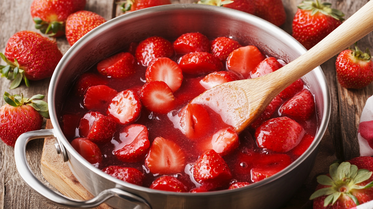 A jar or bowl of bright red Strawberry Topping with visible fruit pieces.