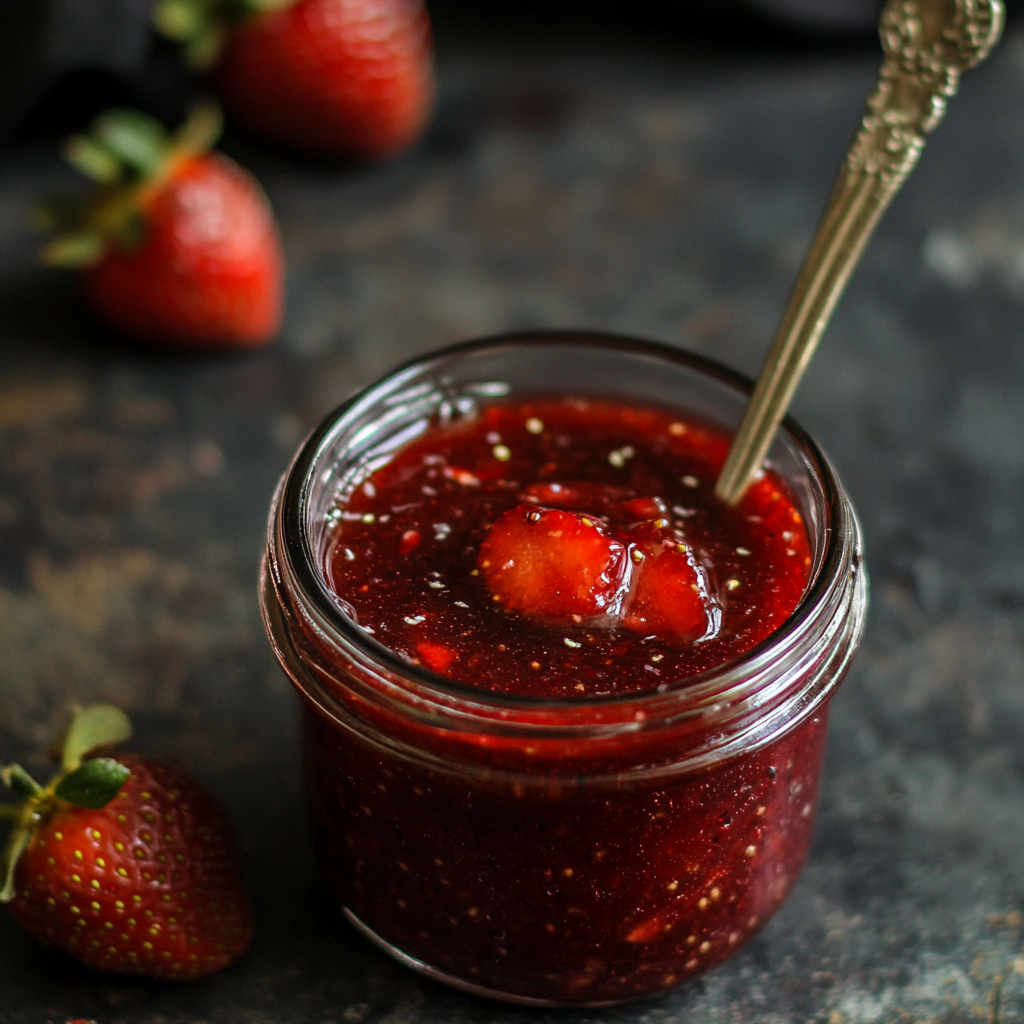 Ingredients for Strawberry Topping, including fresh strawberries, sugar, lemon, and cornstarch.