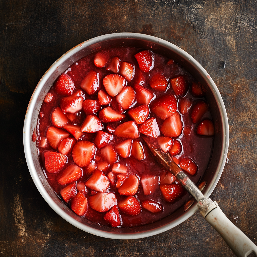 Simmering the strawberries in a saucepan for Strawberry Topping.