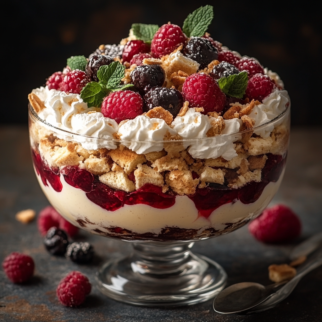 Ingredients for Triple Berry Trifle, including pound cake, cream cheese, heavy cream, strawberries, blueberries, and raspberries.