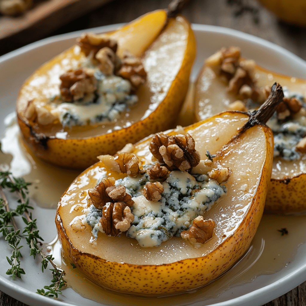 Ingredients for Blue Cheese Stuffed Pears, including Bosc pears, blue cheese, walnuts, thyme, and honey.