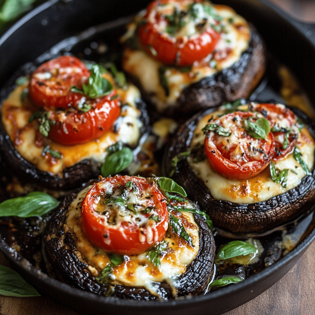 Ingredients for Caprese Stuffed Portobello Mushrooms, including portobello mushrooms, mozzarella, tomatoes, and basil.